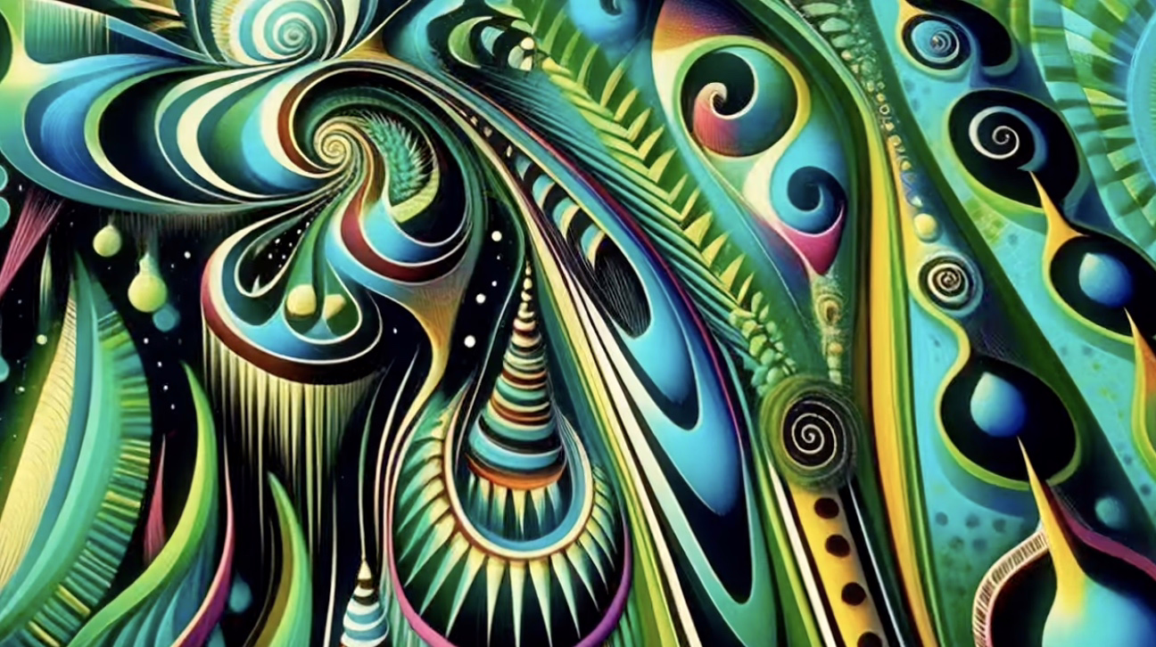 A cosmic forest with swirling, tree-like fractals and stars, a journey in 4K trippy lsd visuals.